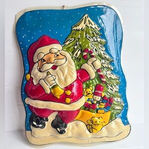 Vintage 90s Embossed Santa Wall Decor Plastic Christmas Holiday Wall Hanging